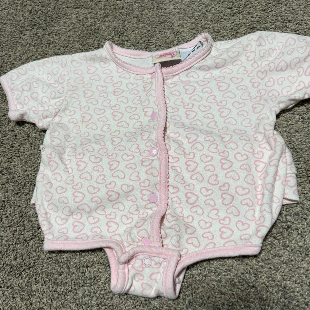 Vintage Precious Moments Baby Romper Bib Set 6/9M Pink Hearts Ruffle Bunny